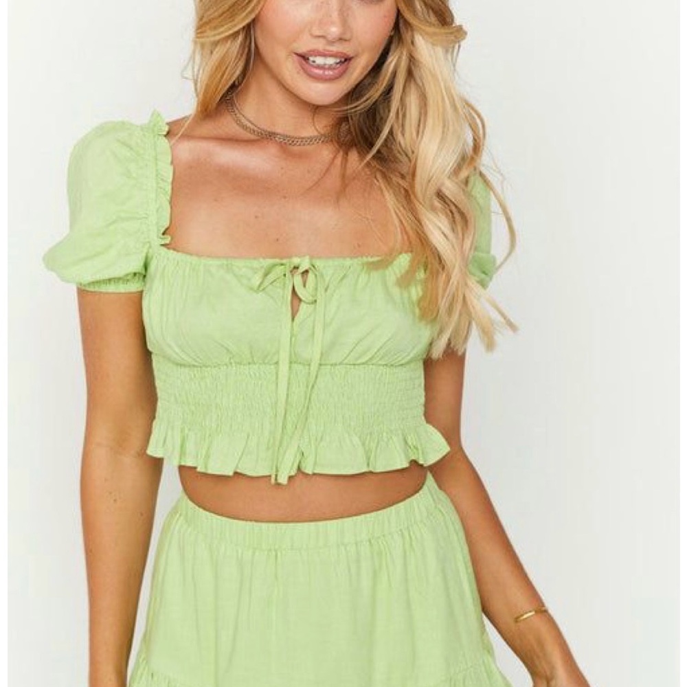 Green Puff Sleeve Crop Top and Skit SET